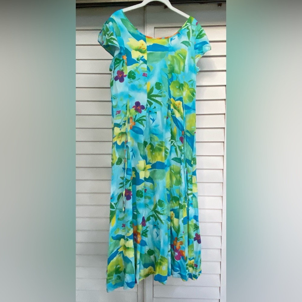 Jams World Hawaiian Maxi Dress Aqua Blue Floral Colorful Size M